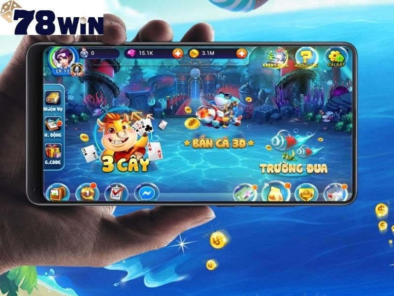 Màn hình game bắn cá với mục tiêu dưới nước và biểu tượng điều khiển.