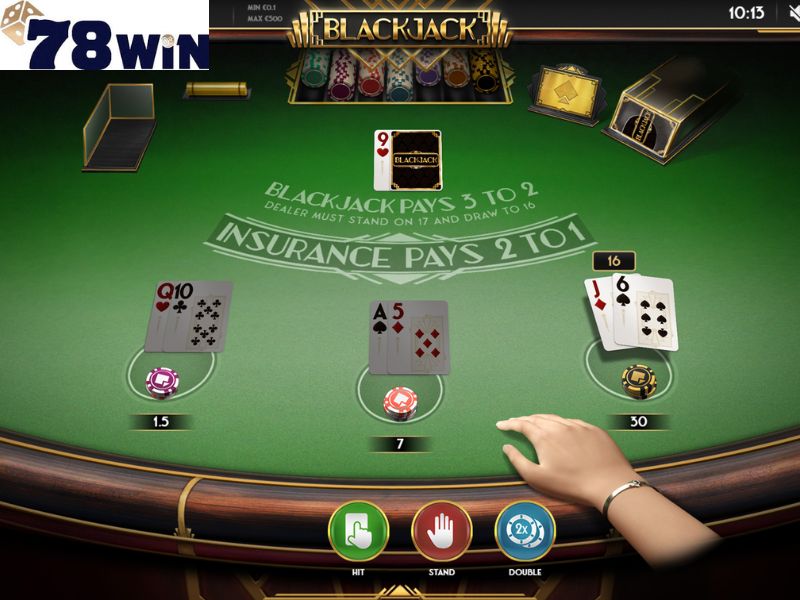 Giao diện Blackjack với các lá bài, vị trí cược và nút hành động.