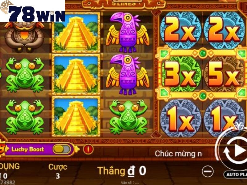 Giao diện game nổ hũ với các biểu tượng và hệ số thưởng.