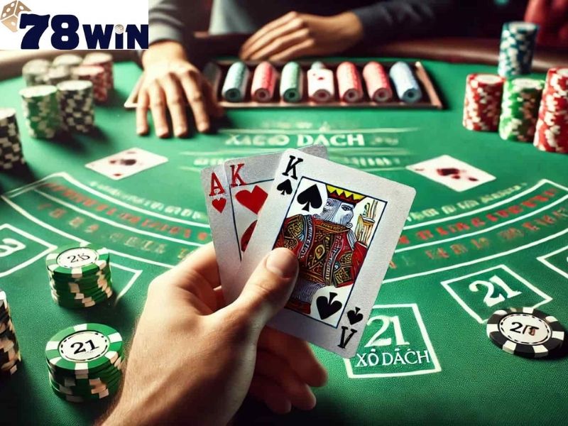 Bàn xì dách với các lá bài và điểm số 21.